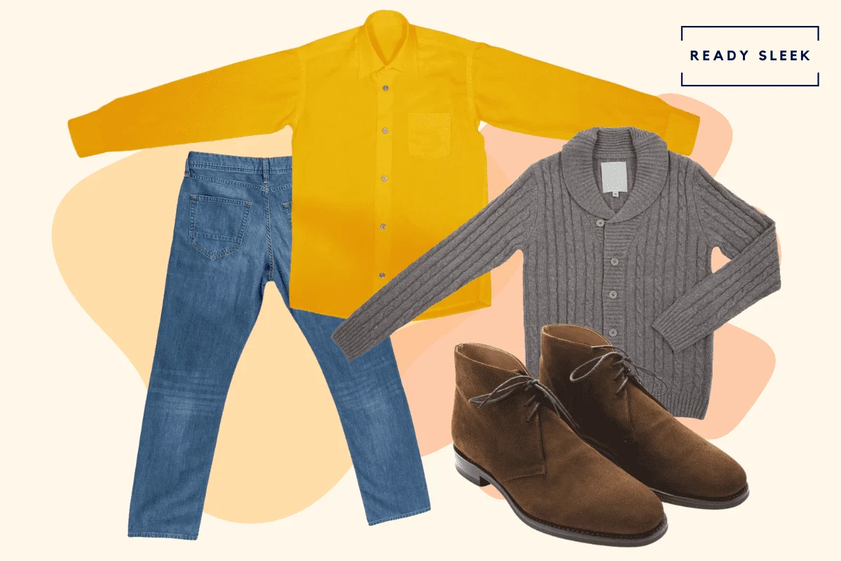 Dark yellow shirt with medium blue jeans, grey cardigan and brown chukka boots