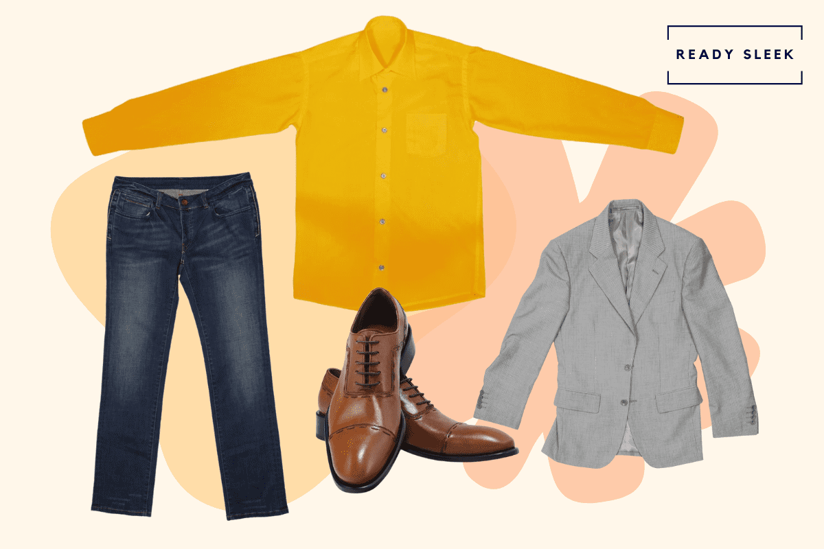 Dark yellow shirt with dark blue jeans, light brown cap toe oxford and casual grey blazer