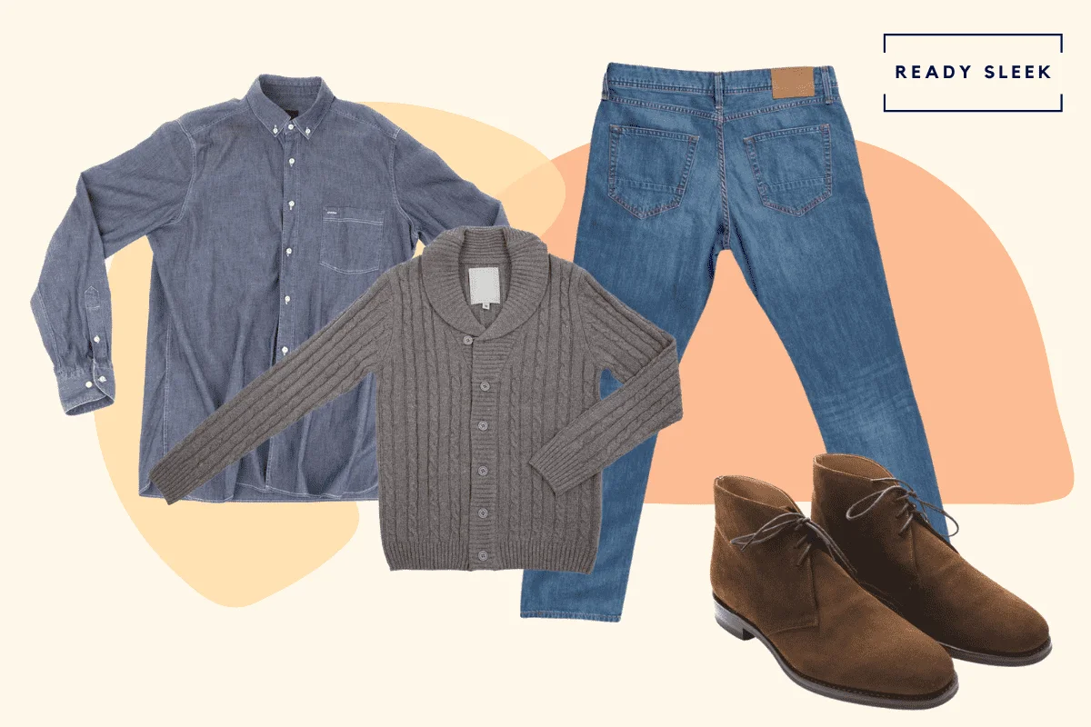 Grey casual shirt with medium blue jeans, grey cardigan and brown chukka boots