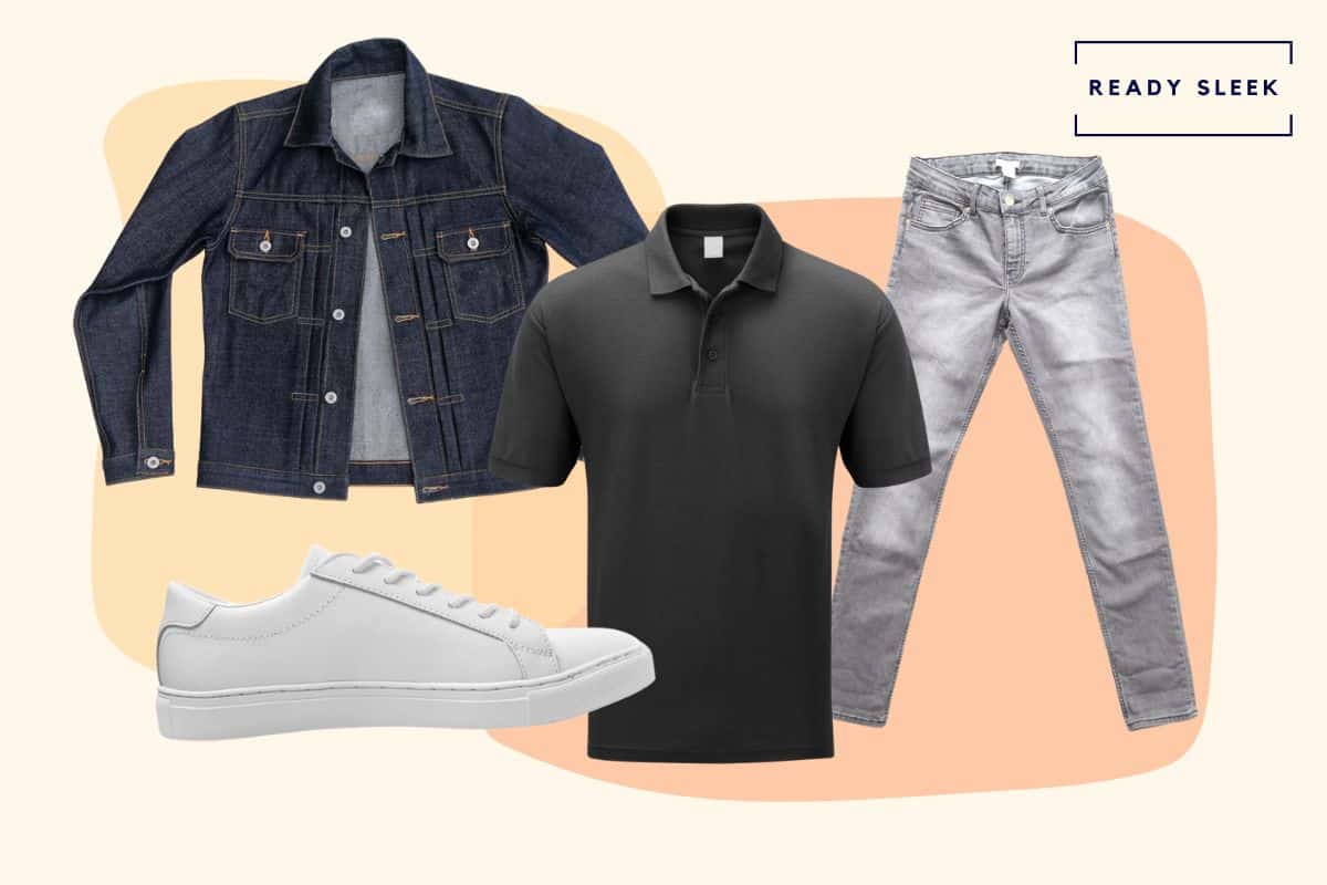 Grey jeans with black polo shirt, white sneakers and denim jacket