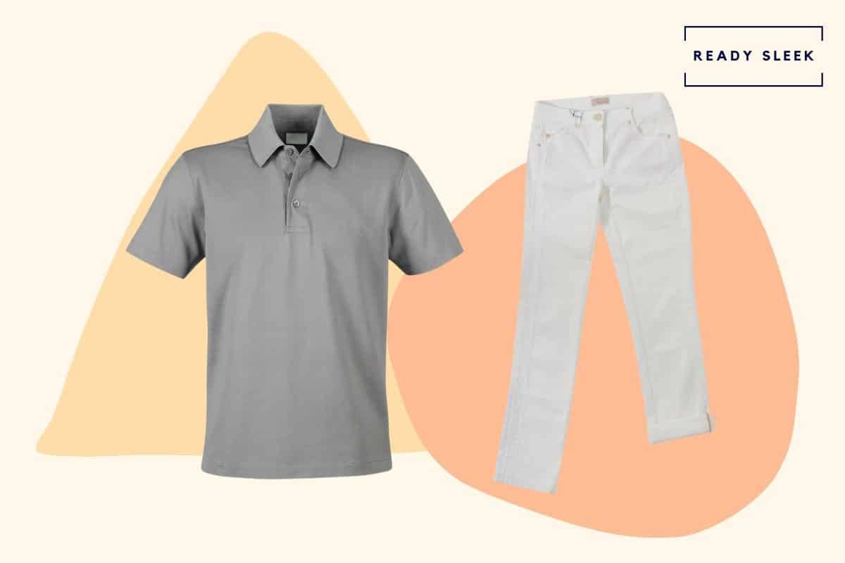 Grey polo shirt with white jeans