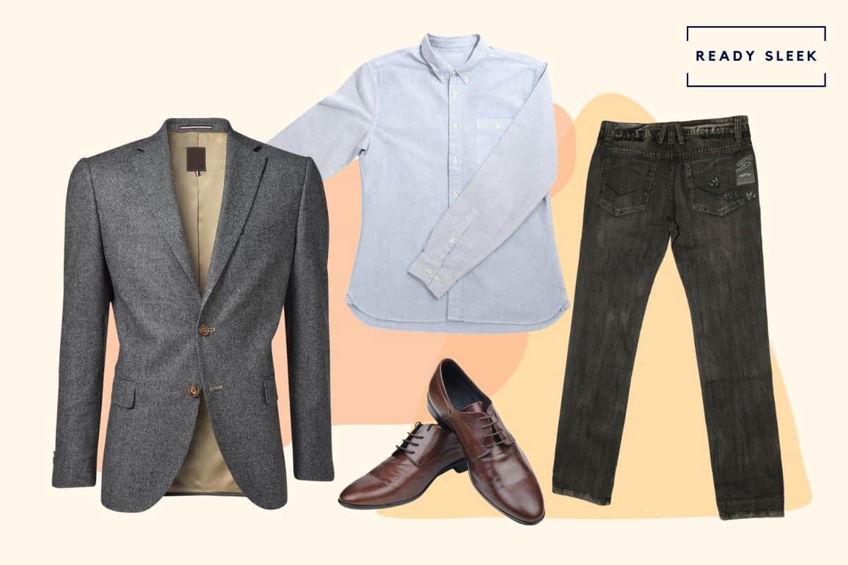 Light blue OCBD with black jeans, dark grey blazer and dark brown dress shoes