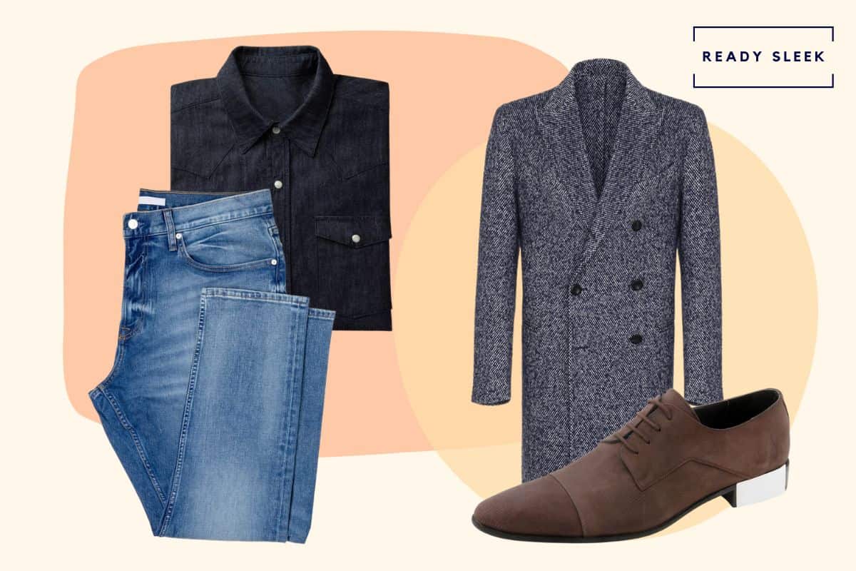 Light blue jeans with casual black shirt, dark brown suede shoes and grey overcoat