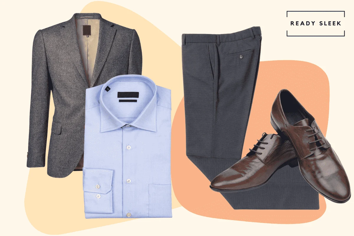 Light blue shirt with dark grey pants, dark grey blazer and dark brown dress shoes