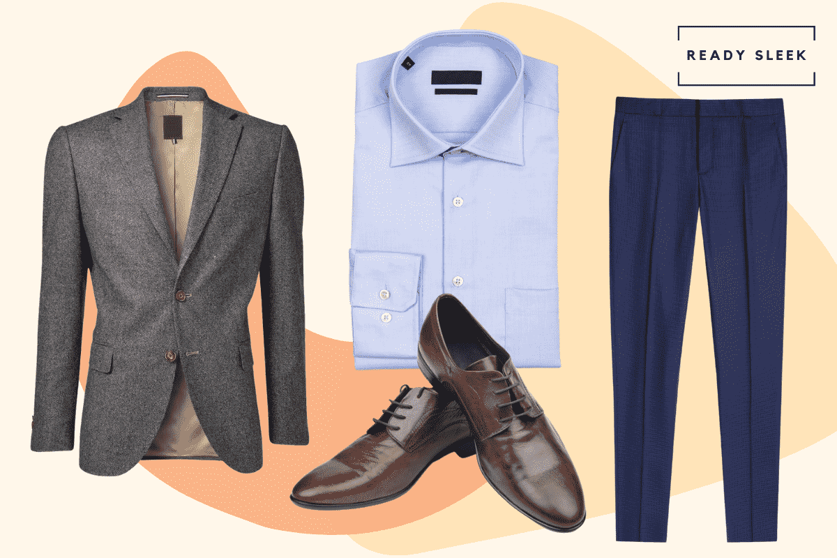 Light blue shirt with navy blue pants, dark grey blazer and dark brown dress shoes