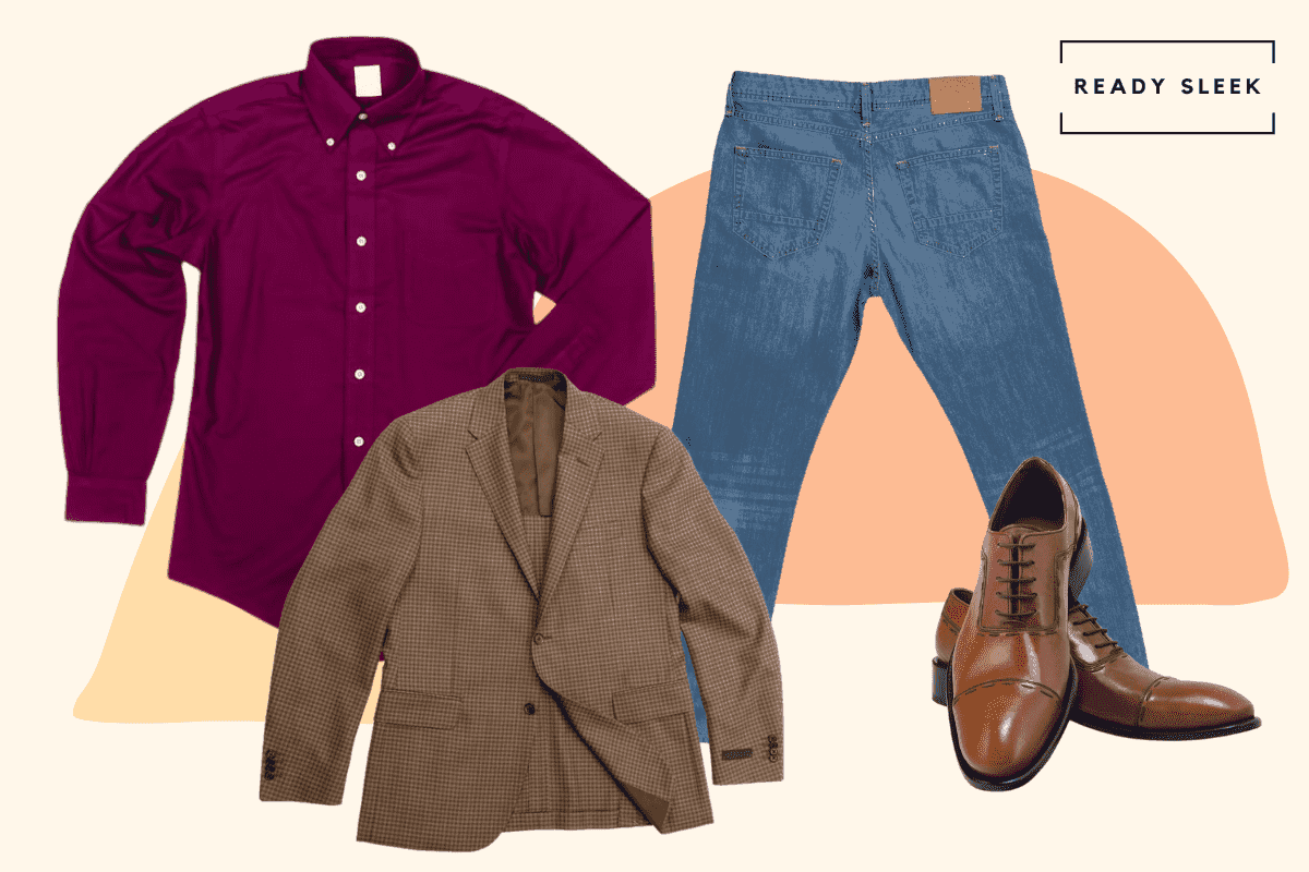 Maroon button up shirt with medium blue jeans, brown blazer and light brown cap toe oxford shoes