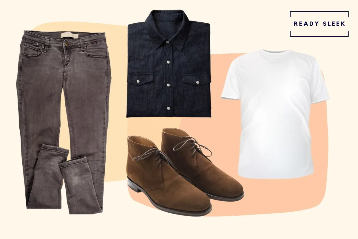 Mid grey jeans with white tshirt, casual black shirt and brown chukka boots