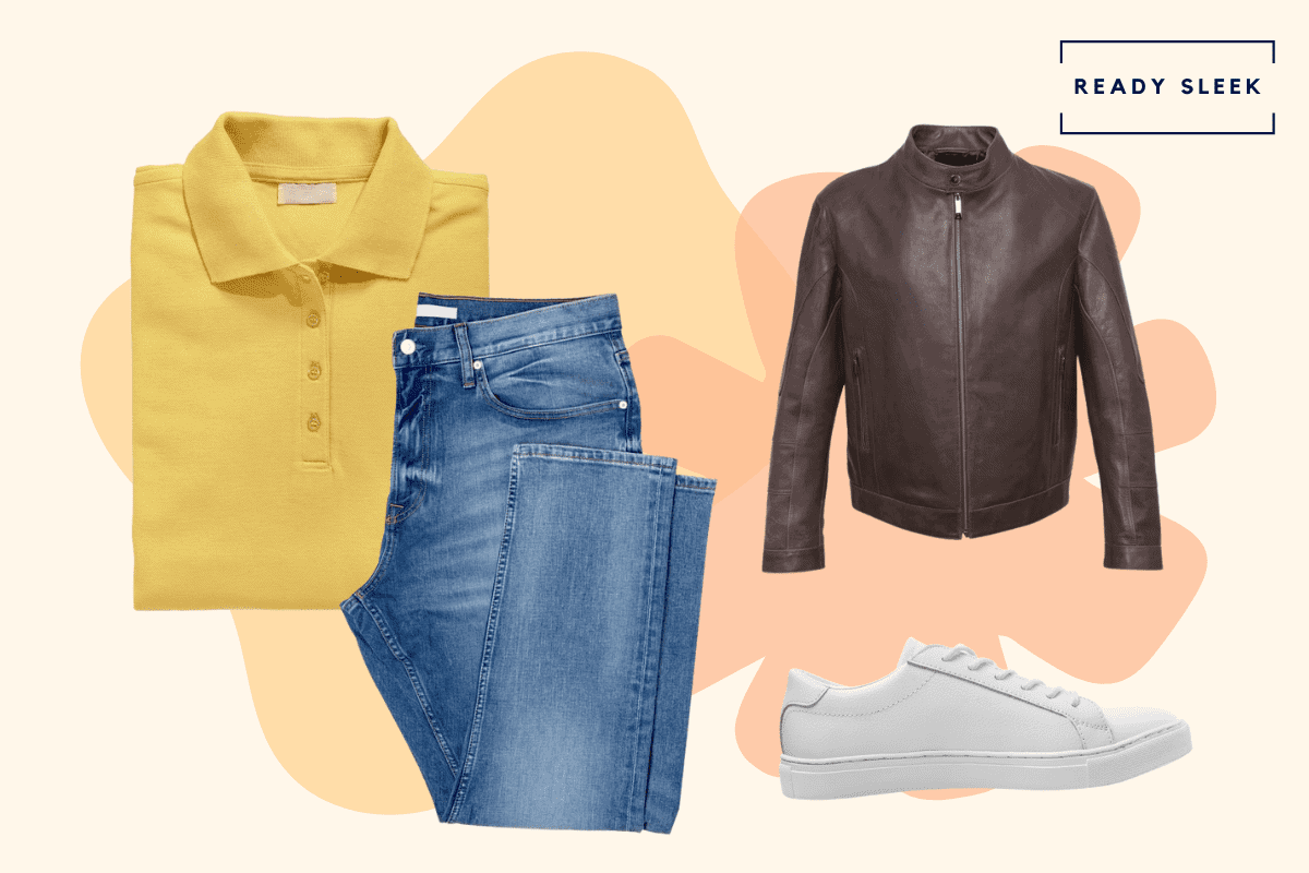 Mustard yellow polo with brown leather jacket, light blue jeans and white sneakers