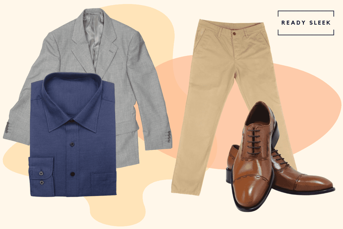 Navy blue shirt with khaki pants, grey blazer and light brown oxford shoes