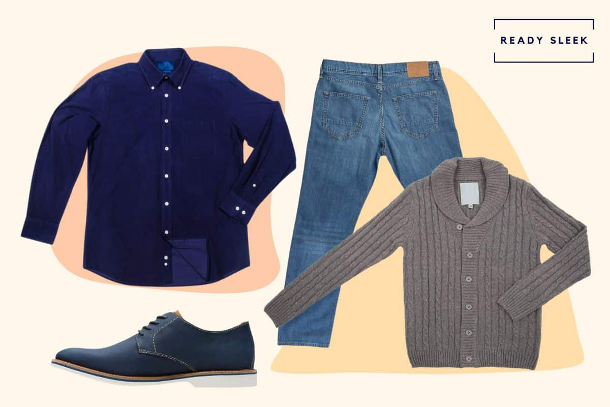 Navy shirt with medium blue jeans, grey cardigan and blue suede derby shoes