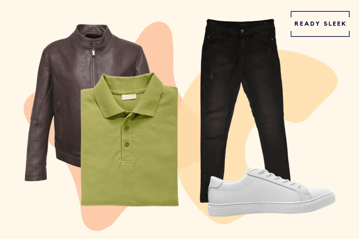 Olive green polo shirt with black jeans, brown leather jacket and white sneakers