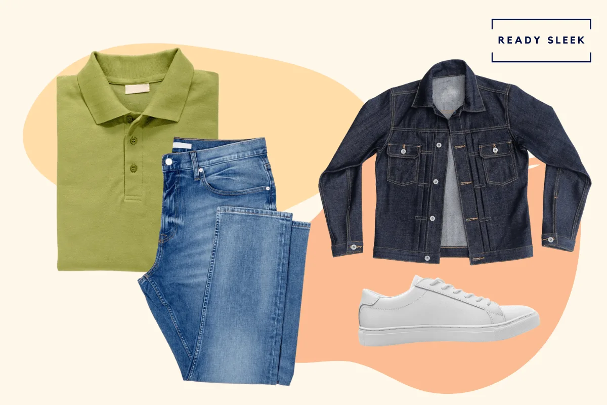 Olive green polo shirt with denim jacket, light blue jeans and white sneakers