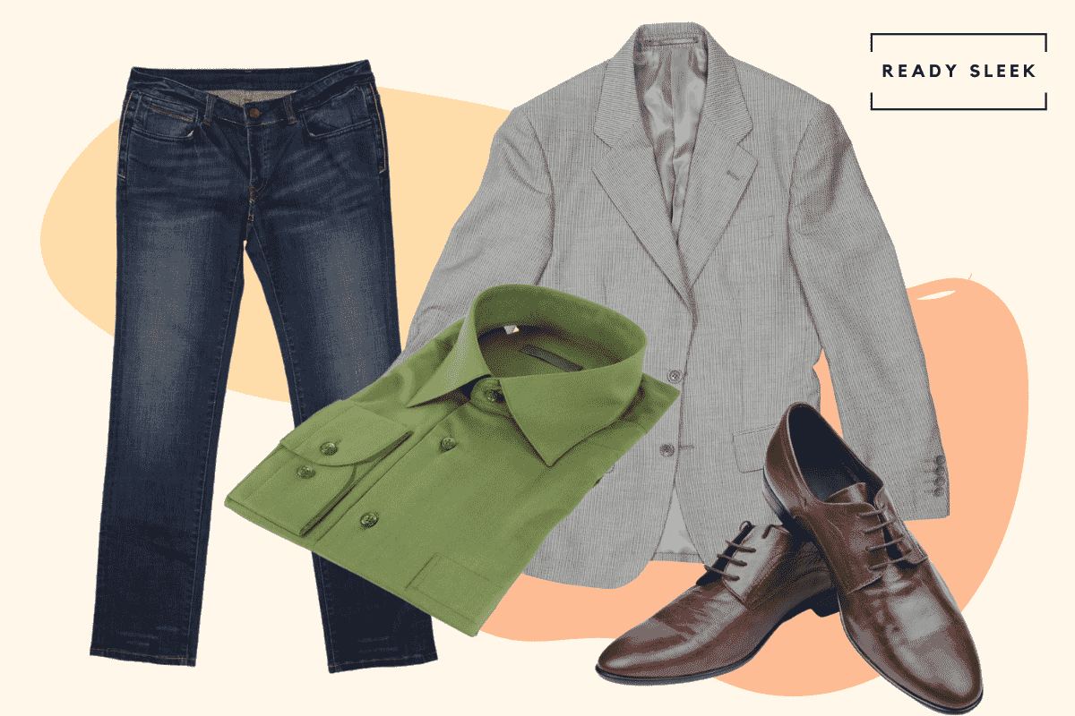 Olive green shirt with dark blue jeans, dark brown dress shoes and casual grey blazer