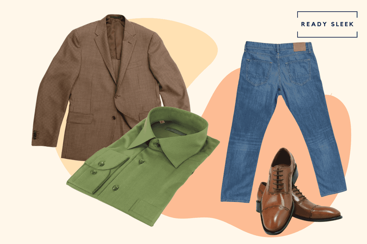 Olive green shirt with medium blue jeans, brown blazer and light brown cap toe oxford shoes