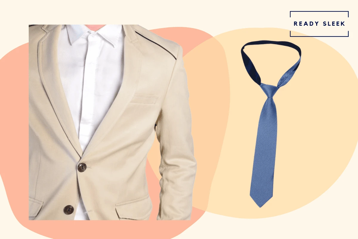 Tan suit with blue tie