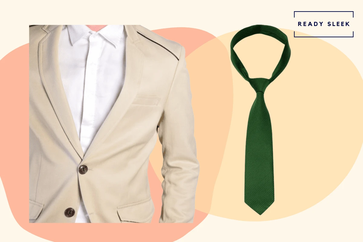 Tan suit with emerald green tie