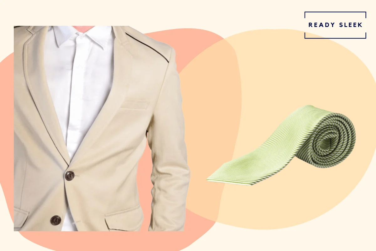 Tan suit with sage green tie