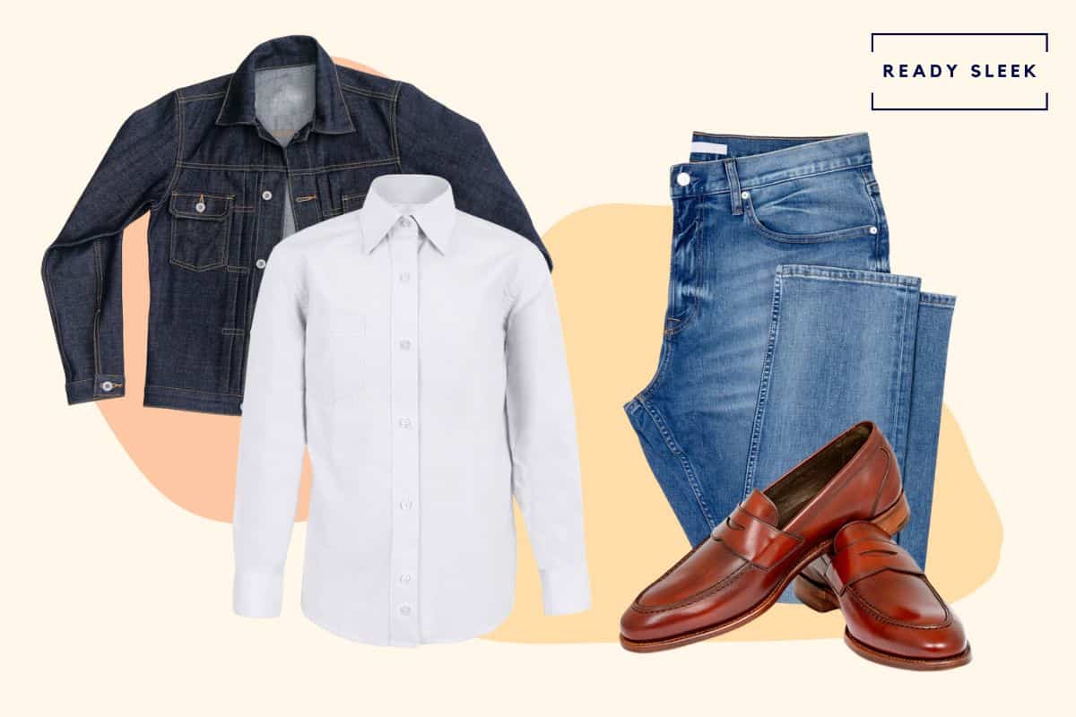 White casual shirt with denim jacket, light blue jeans and leather penny loafers