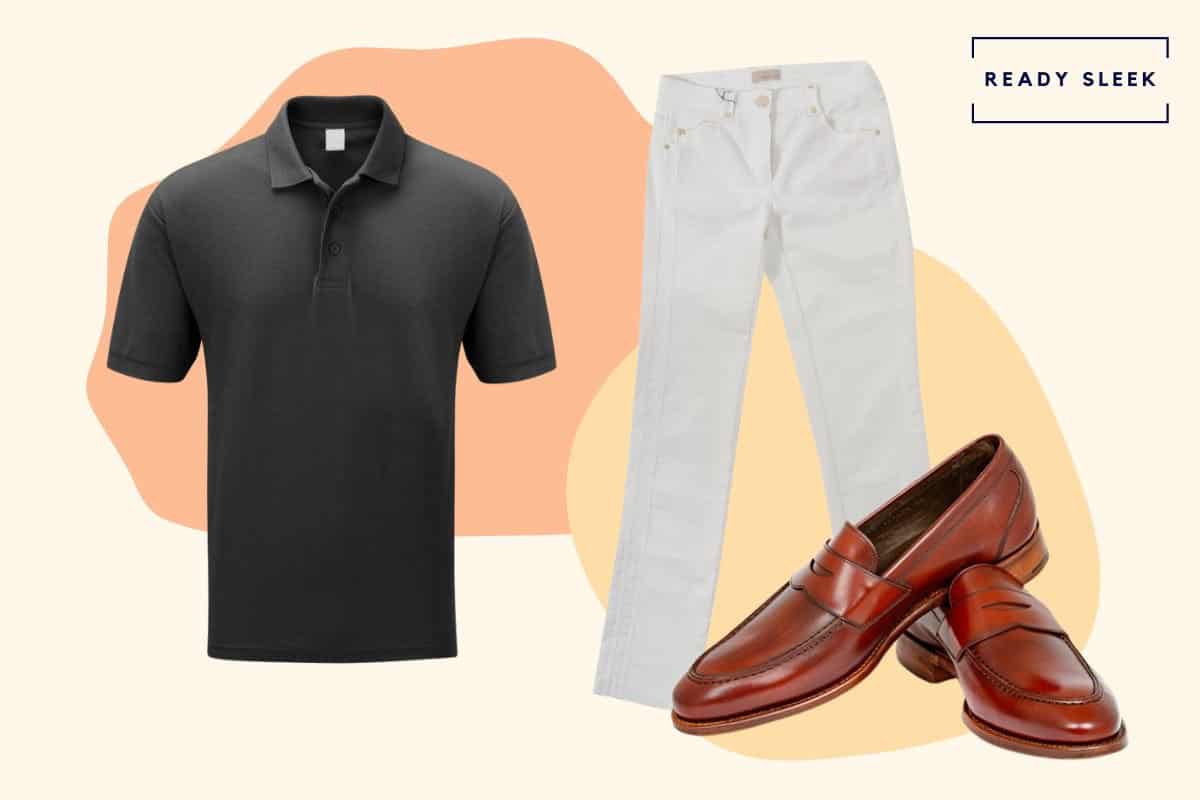 White jeans with black polo shirt and leather penny loafers