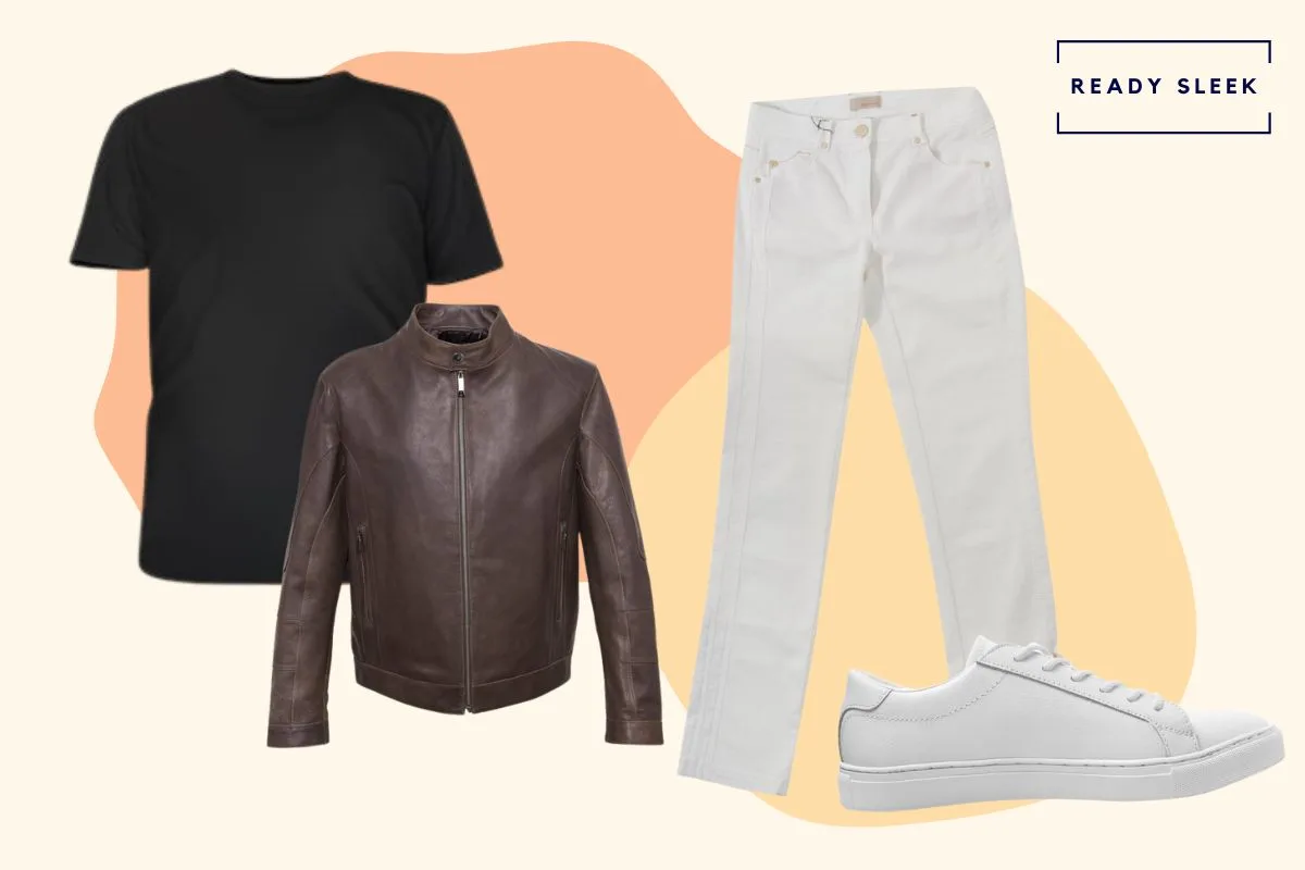 White jeans with black tshirt, brown leather jacket and white sneakers