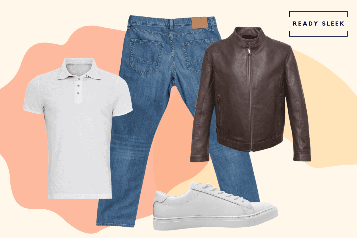 White polo shirt with brown leather jacket, medium blue jeans and white sneakers