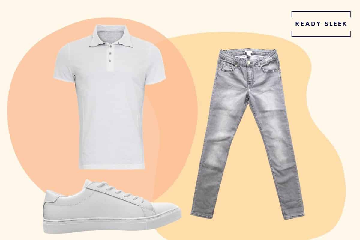 White polo shirt with grey jeans and white sneakers