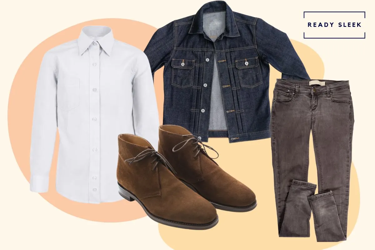 White shirt with denim jacket, brown chukka boots and mid grey jeans