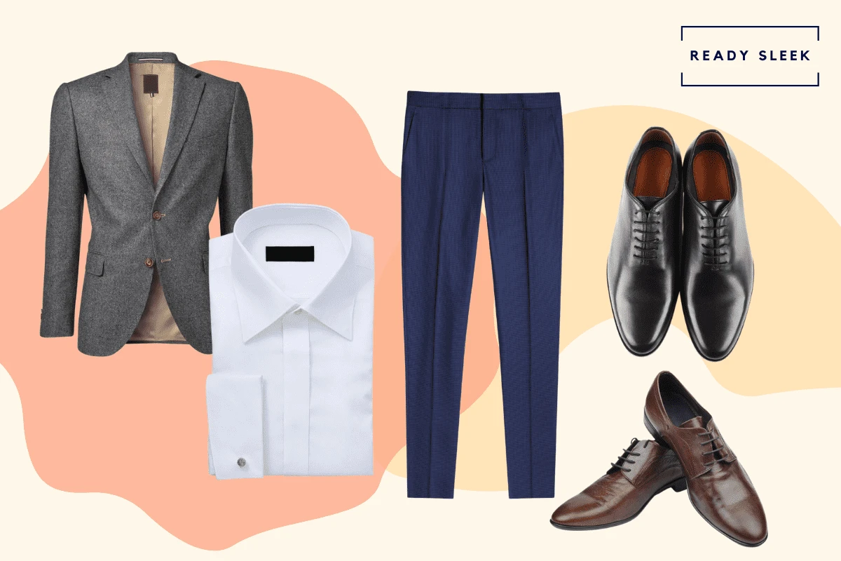 White shirt with navy blue pants, dark grey blazer, black oxford shoes or dark brown dress shoes