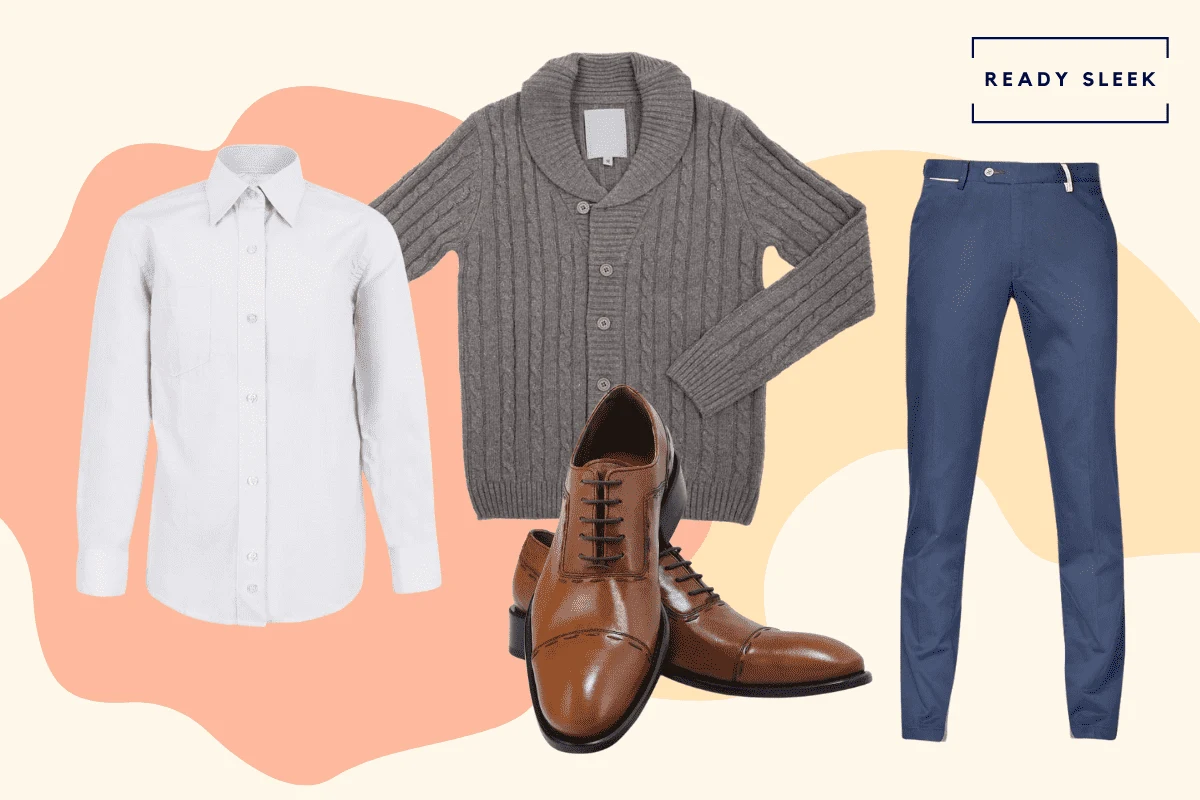 White shirt with navy chino, light brown cap toe oxfords and grey cardigan