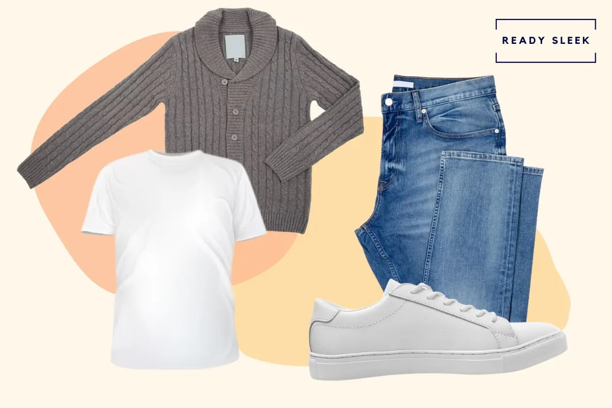 White tshirt with grey cardigan, light blue jeans and white sneakers