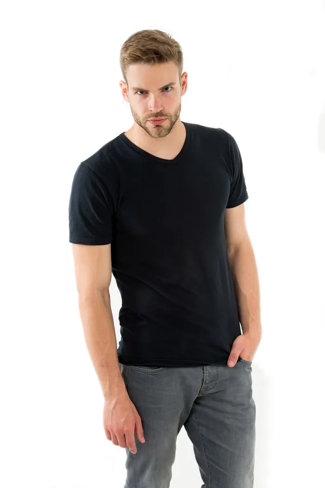 black t shirt and grey jeans 