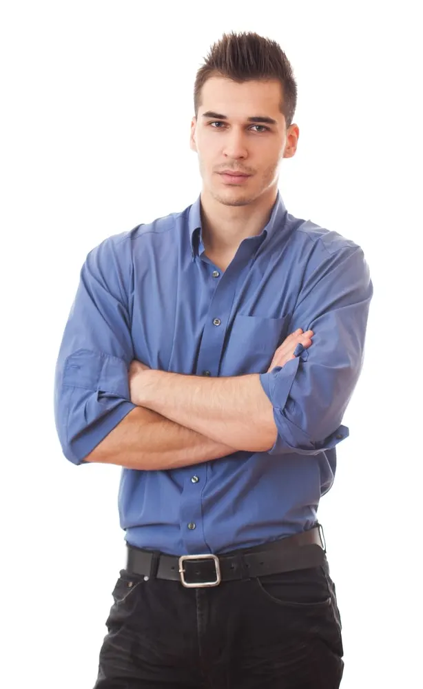 blue button up shirt and black jeans 