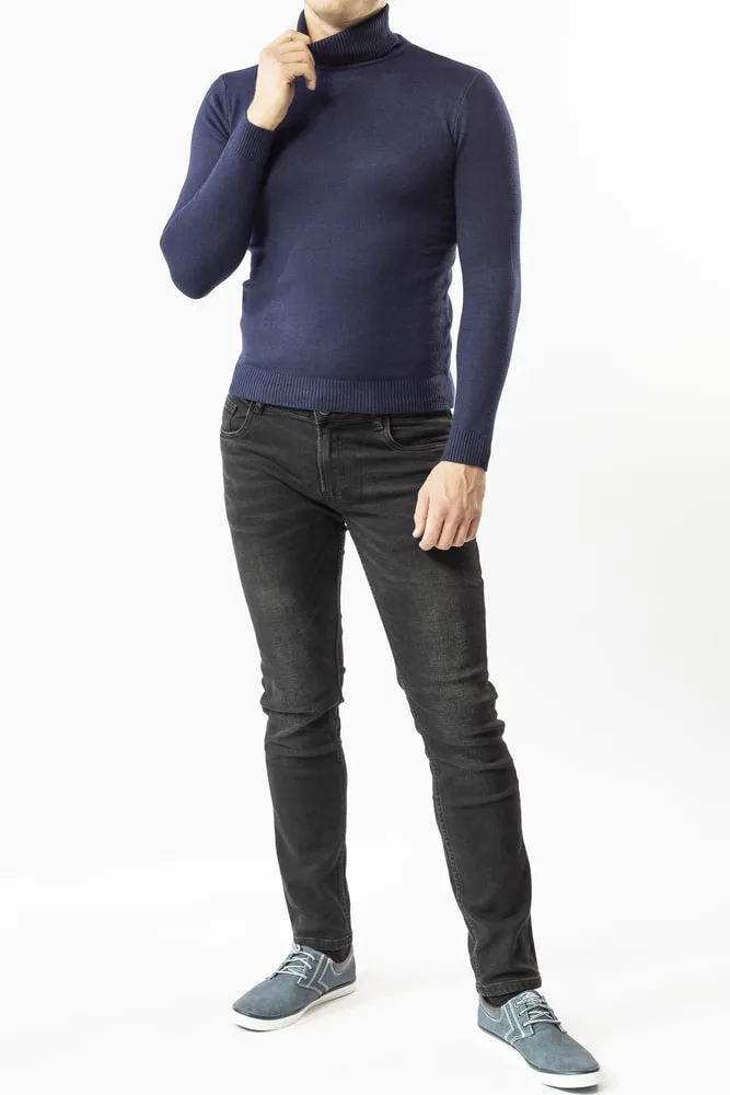 blue turtleneck with black jeans