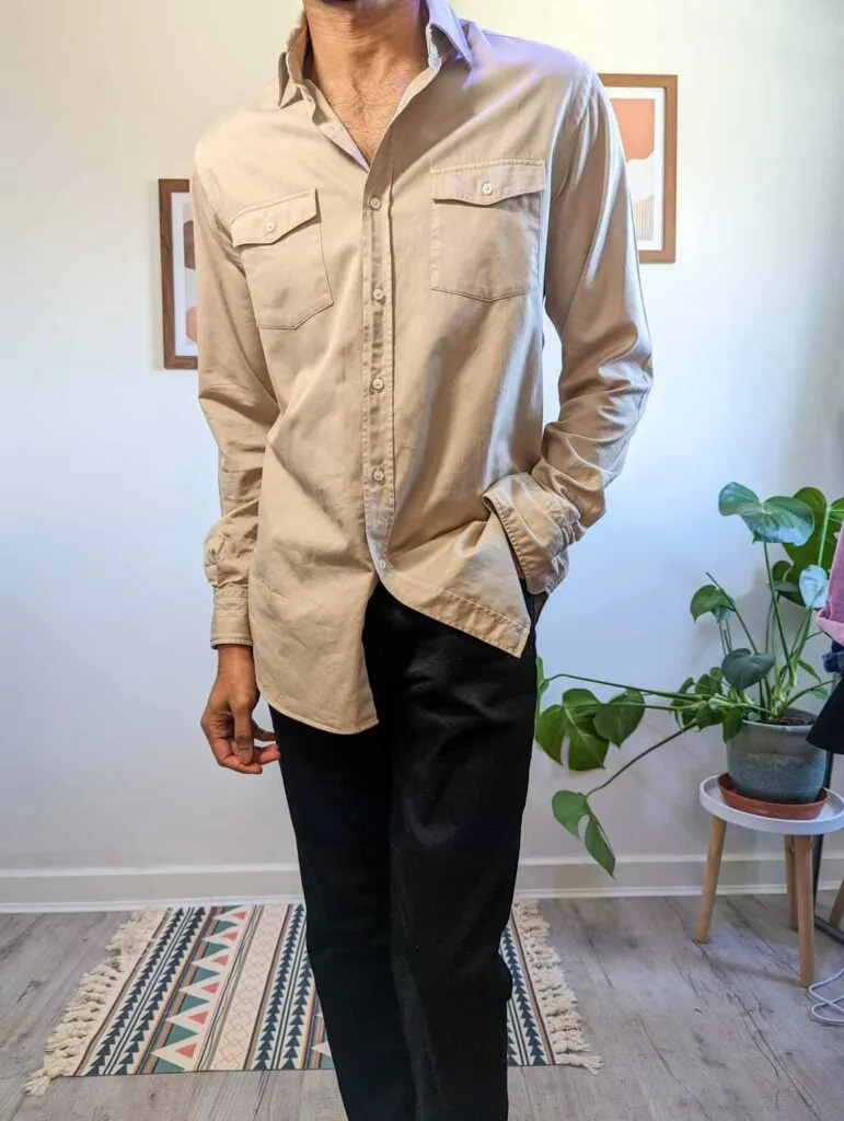 beige oversized shirt black jeans