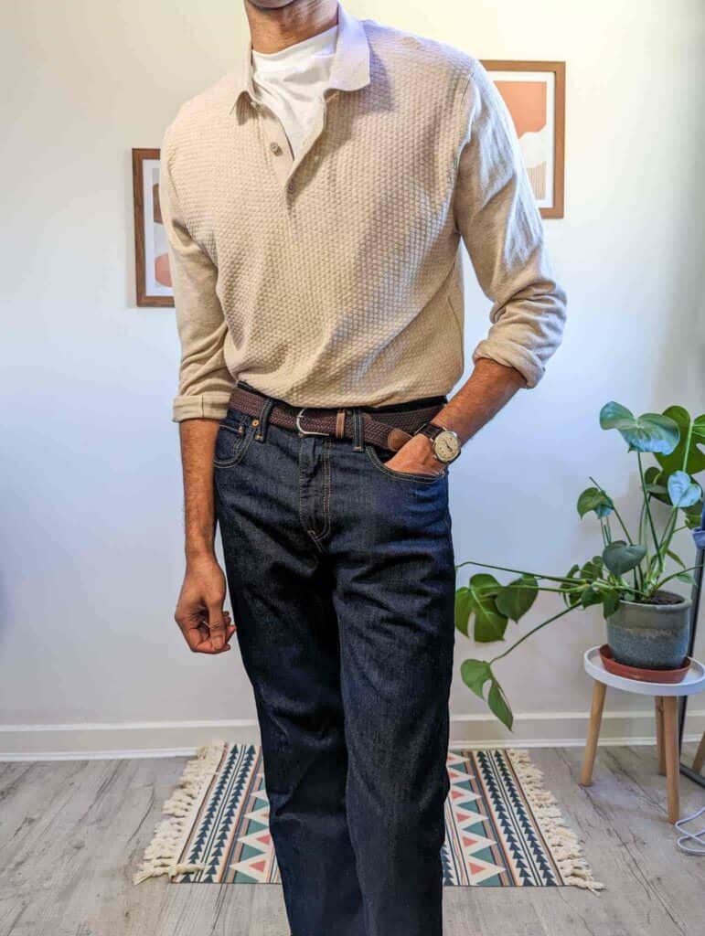 beige polo sweater over white tshirt and jeans