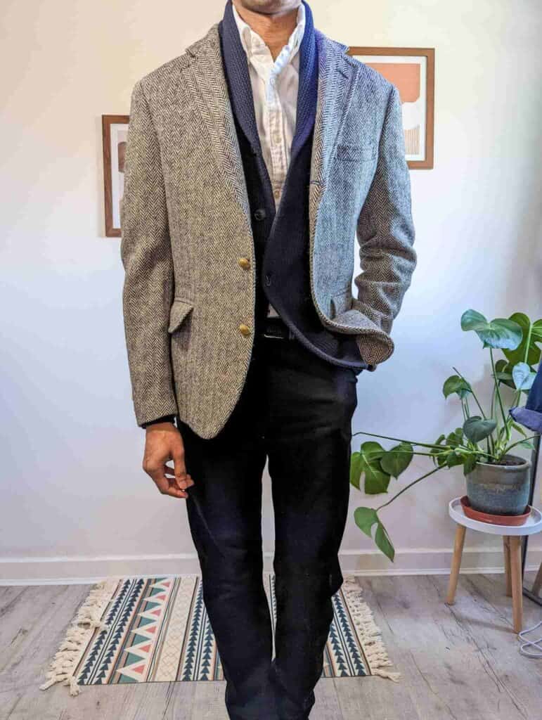 black jeans white ocbd shirt blue cardigan grey blazer