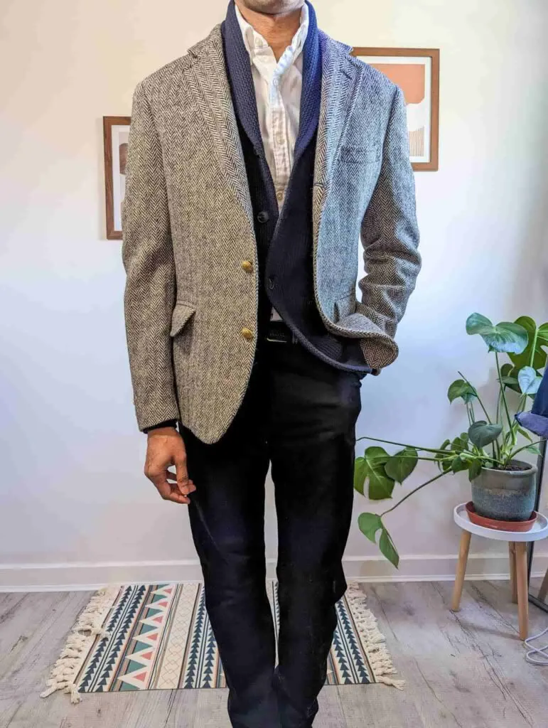 black jeans white ocbd shirt blue cardigan grey blazer