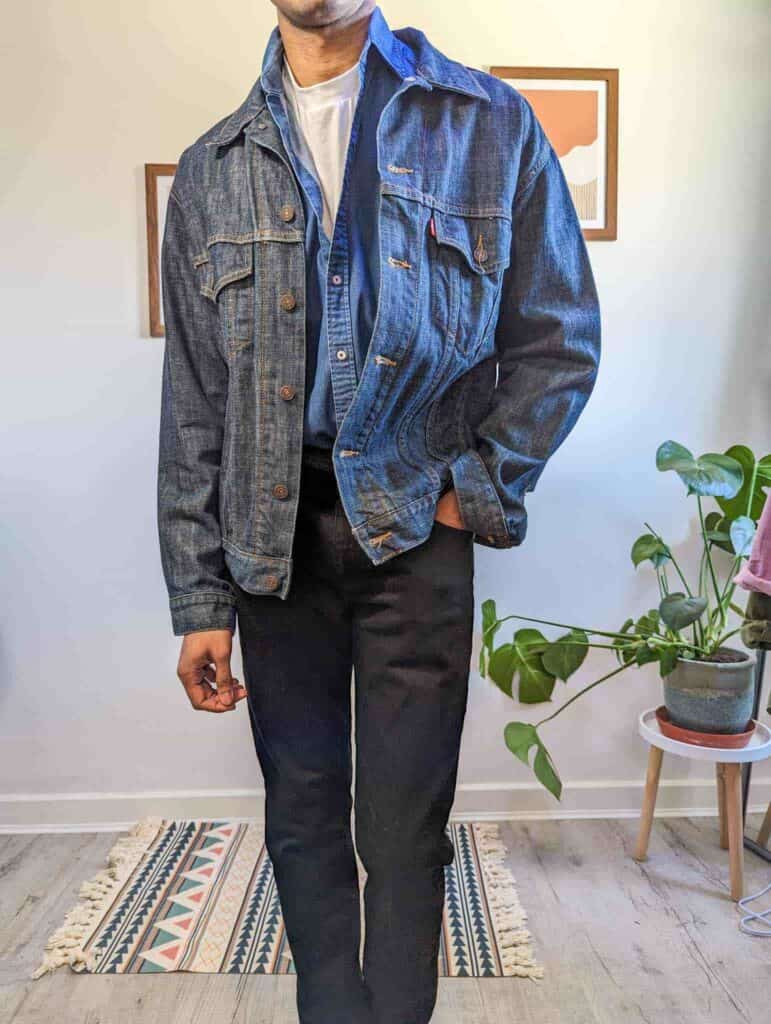 blue denim shirt blue denim jacket black jeans