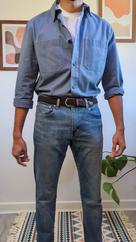 blue utility shirt over white tshirt light blue jeans