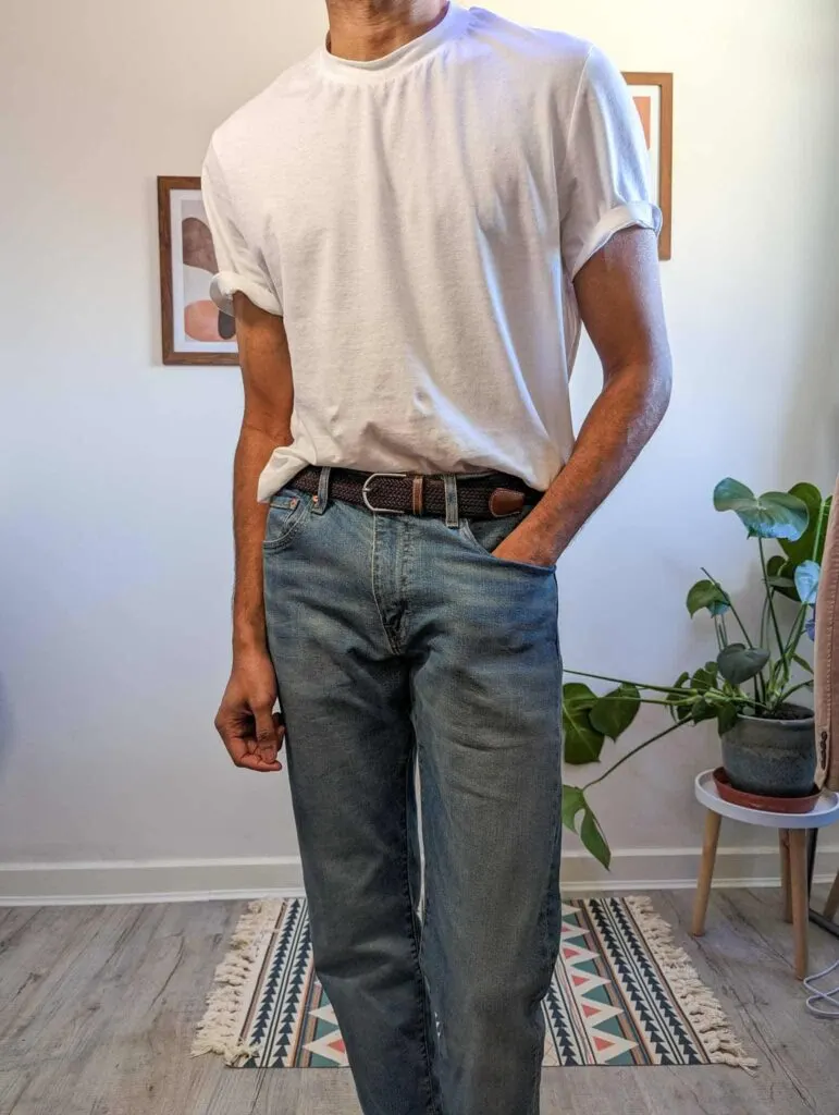 french tuck white tshirt light blue jeans