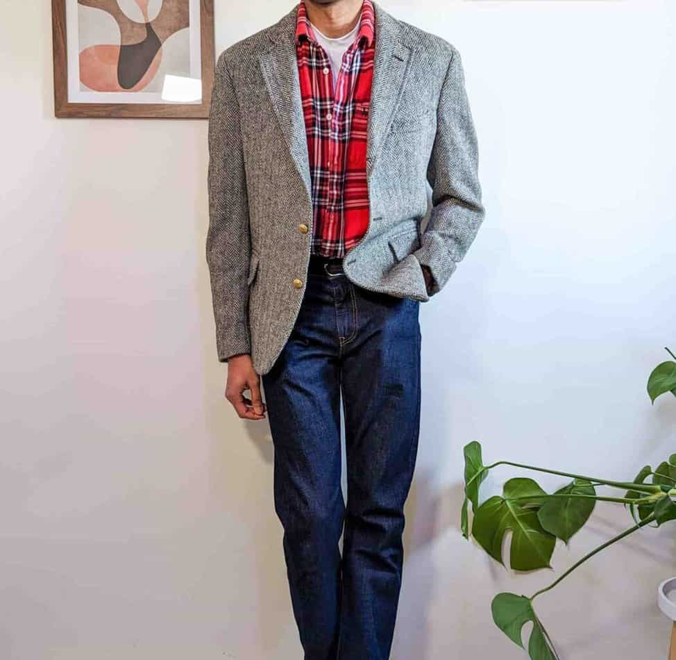 red flannel grey blazer dark blue jeans