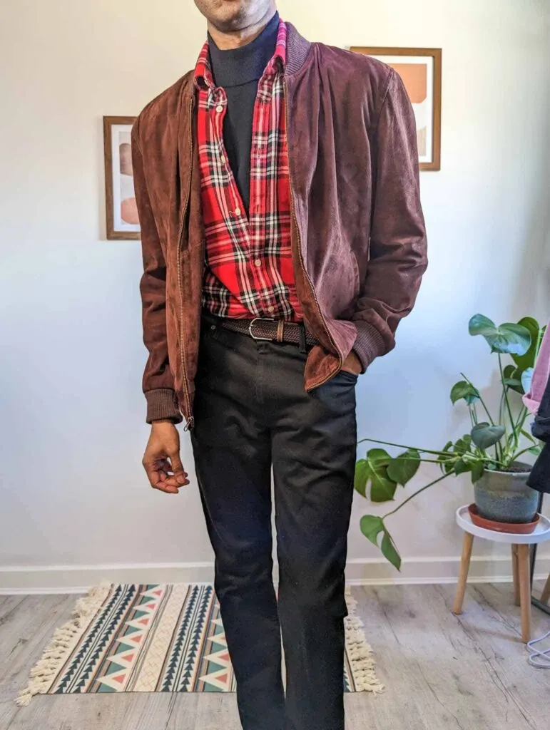 red flannel suede jacket black jeans black mock neck