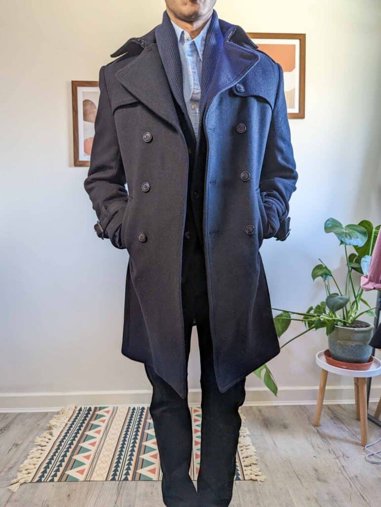 blue shawl cardigan blue shirt black jeans navy trench coat