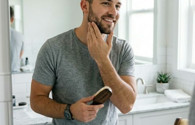 Young man applying beard oil with boar bristle brush