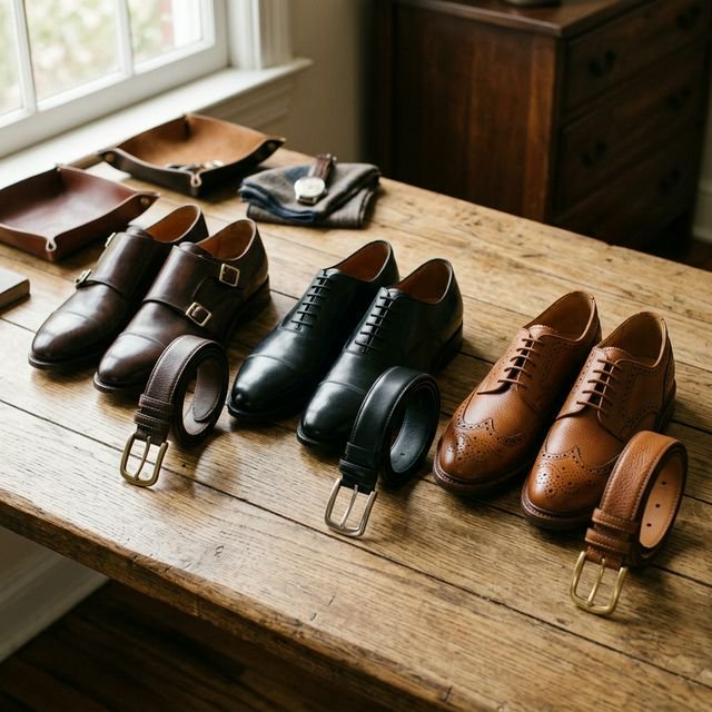 Three leather belts matched with corresponding shoes