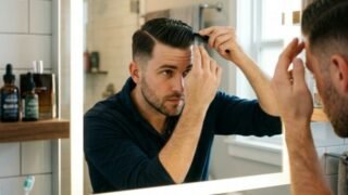 Man styling hair with pomade in bathroom mirror