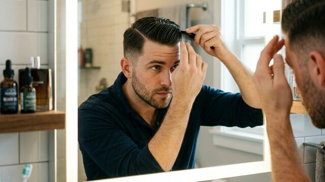 Man styling hair with pomade in bathroom mirror