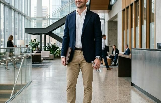 Man in business casual outfit: blazer, Oxford, chinos, loafers