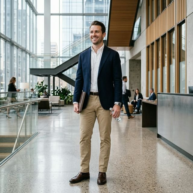 Man in business casual outfit: blazer, Oxford, chinos, loafers