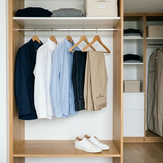 Organized men's capsule wardrobe with essential pieces